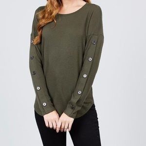 Long Button Sleeve Round Neck Hacci Top